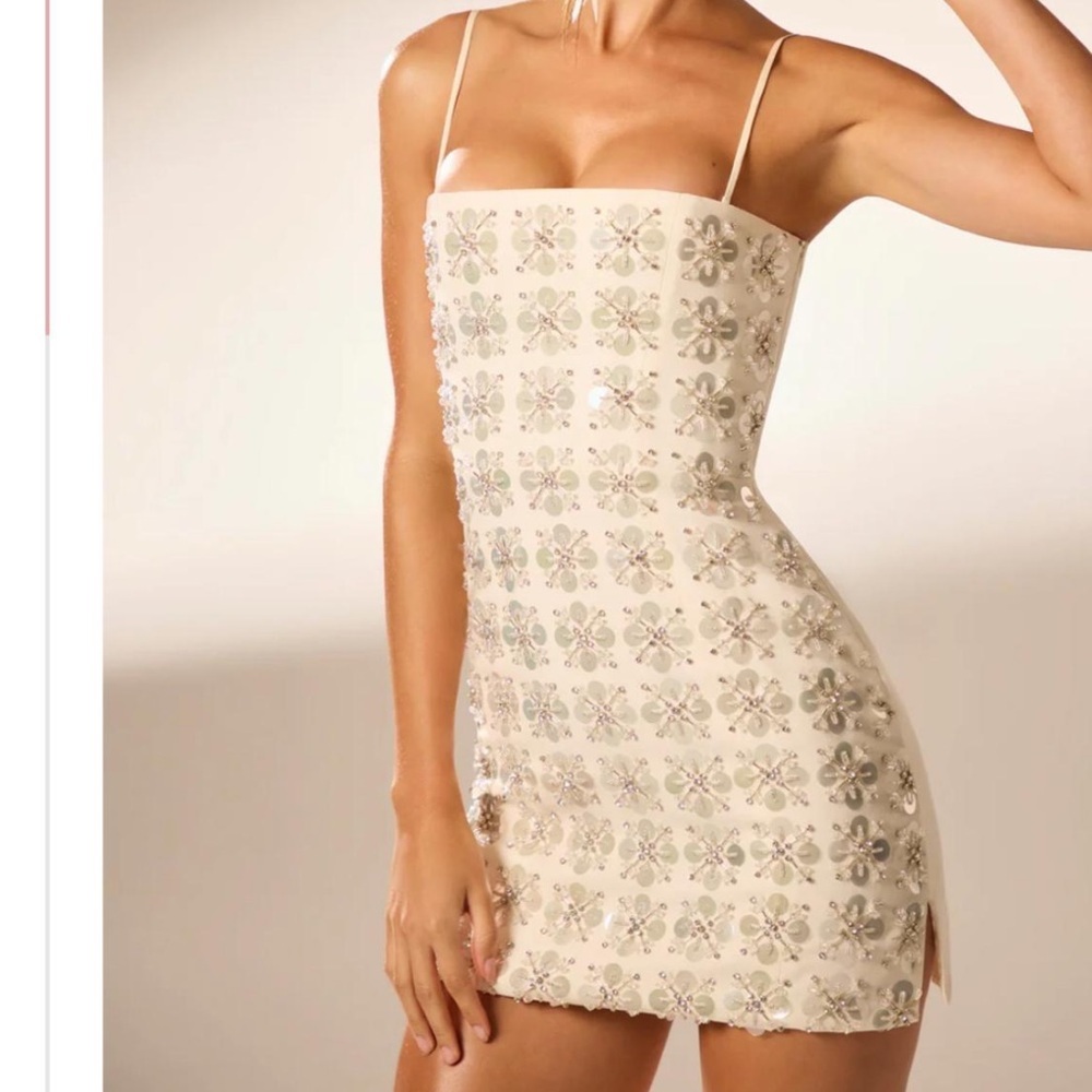 Oh Polly Cream Beaded Floral Mini Dress